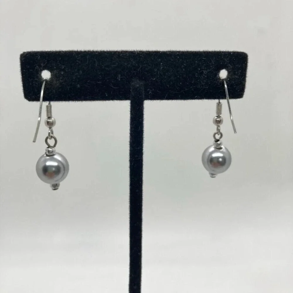 Fashion Gray Faux Pearl Dangle Earrings‎ Silver Tone Fishhook Drop Jewelry